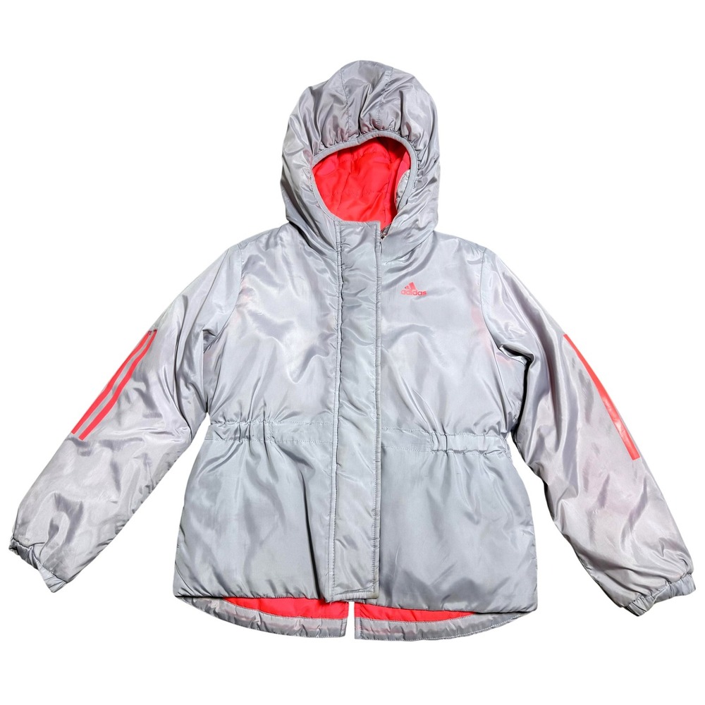 Adidas Jacket Girls Small 7/8‎ Gray Pink Hooded Puffer Coat Insulated Winter